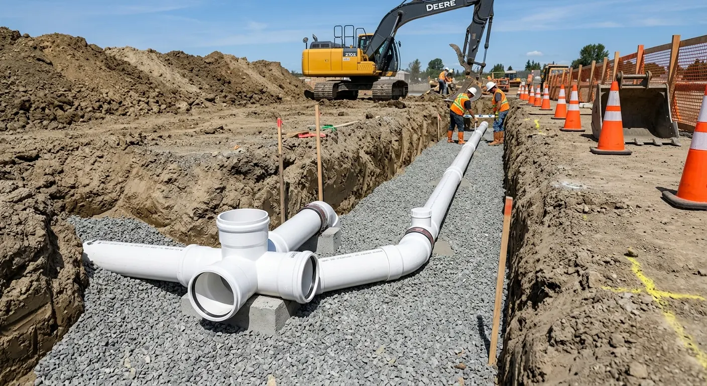 New PVC sewer pipe installation in open trench for Commercial Drain Cleaning in Bloomer