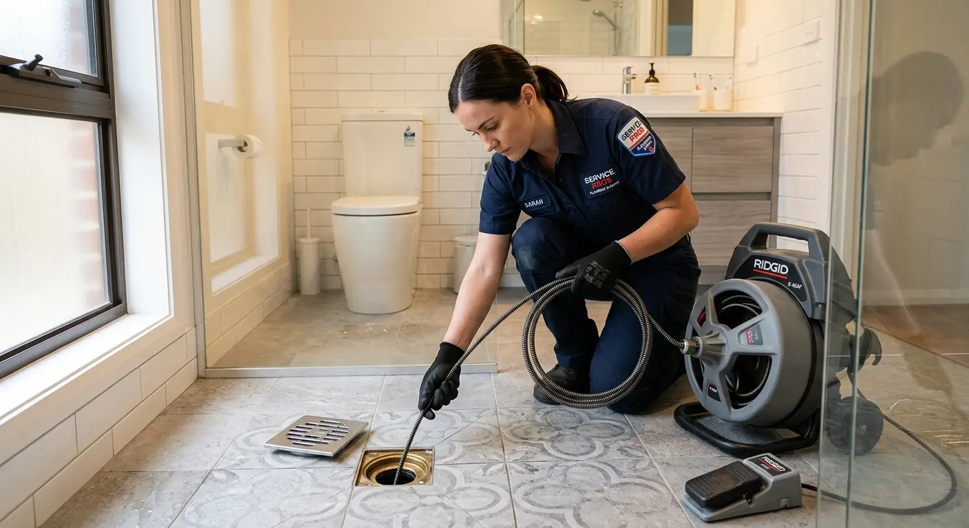 Technician clearing a bathroom floor drain for Hydro Jetting in Bloomer
